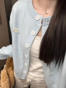 Blue Tea System Knit Sweater Cardigan Women 2024 New Spring Autumn Short Top Single Piece Round Neck Low Sleeve Thick Regular Fabric