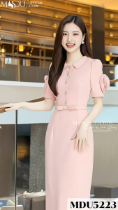 Váy Thiết Kế MDU5223 Mango Ý Cao Cấp Dáng Suông Hồng Pastel Cổ Sơ Mi Cúc Ngọc Trai Thanh Lịch Từ MDU