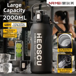 Insulated Large Capacity Portable Sports Water Bottle With Straw 2000ml