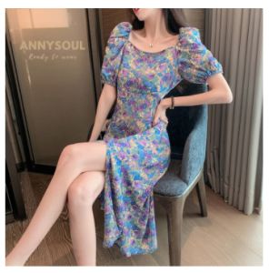 ชุดสตรีฤดูร้อนใหม่แยกส้อมสไตล์ตะวันตกดอกไม้เอวกระโปรงยาวคอเหลี่ยมแขนพัฟกระโปรงบาง