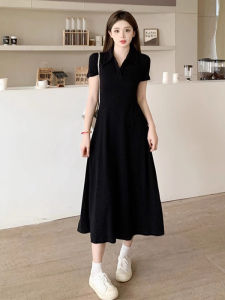 Pure Color Polo Neck Dress Womens Summer Black Hepburn Style A-Line Bodycon Slim Short Sleeve Long Dress Cotton Blend Soft Fabric