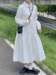Step into Galaxy Japanese Style Sweet White Long Sleeves Dress Small Gentle Waist-Tight Mid Length Long Length Girls Dress