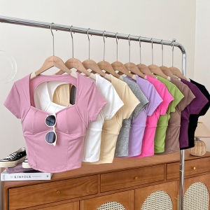 Fashionable Short Sleeve Hollow out Back Square Collar Slimming Womens T-Shirt Base Shirt Top Summer Commute Pure Color