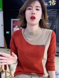 เสื้อยืดคอกลมแขนยาวผ้าขนแกะผสมสไตล์เกาหลี ทรงหลวม ปกโปโลสีบล็อกตัวอักษรแฟชั่น เสื้อผ้าทำงานฤดูใบไม้ร่วง