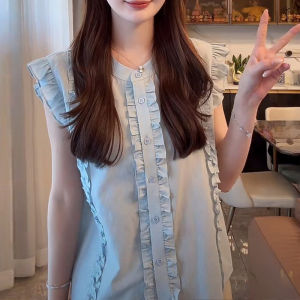 Shalldoer | Áo sơ mi không tay cổ tròn thời trang nữ mùa hè 2025 mới thiết kế áo chui đầu thường ngày vá áo viền áo dài thường