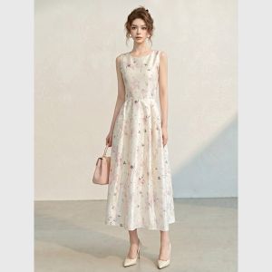 Elegant Tea French Style Sleeveless White Print Dress