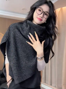 French Grey High Collar Knitted Sweater Womens Autumn Winter Vintage Loose Irregular Shawl Short Top Coat Style Knitwear