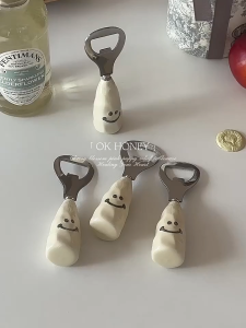 OURUNZHE ที่เปิดขวดเบียร์ยิ้มน่ารักมีมือจับเซรามิคถอดฝาครอบเหล็กกล้าไร้สนิมสร้างสรรค์