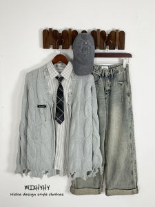 Mixhyhy วัยรุ่นเสื้อสเวตเตอร์ถักแขนยาว V คอถัก Outwear สําหรับชายและหญิง Retro Casual สไตล์สี