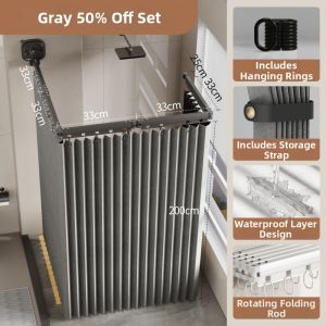 QIUZHANGJIA | Invisible Folding Bathroom Shower Curtain Rod Water-resistant Mold-proof
