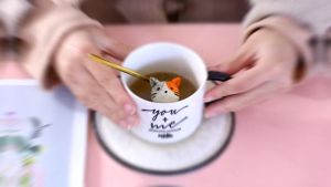 Cốc Sứ Cafe Sáng Tạo Có Mèo Nằm Trong Cốc Kèm Đĩa Và Thìa Decor