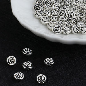 50pcs Carved Rose Flower Loose Spacer Beads Silver Color Metal Double Sides Floral Beads for Bracelet Earring Necklace Jewelry DIY Making