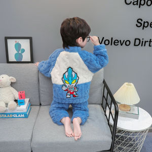 อุลตราแมนชุดนอนเด็กชายชุดคาร์ดิแกนเด็กฤดูใบไม้ร่วงและฤดูหนาวผ้าคอรัลฟลีซชุดใส่ในบ้านผ้าสักหลาดรุ่นฤดูหนาวสำหรับเด็กชาย