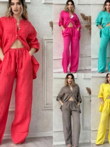 Spring Large Size Cotton Linen Shirt Set High Waist Loose Pants Long-Sleeved Shirt And Pants Fashionable Womens Ensemble