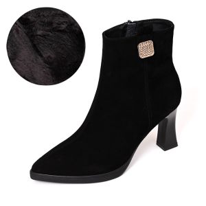 รองเท้าบูทส้นสูงหนังแกะนุ่มสำหรับผู้หญิง ฤดูใบไม้ร่วง/ฤดูหนาว ทรงหัวแหลม ด้านบนเป็นขนแกะ รองเท้าบูทส้นหนา ทรงสั้น แฟชั่น รองเท้าบูทฤดูใบไม้ผลิ/ฤดูใบไม้ร่วง