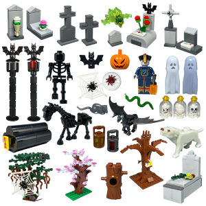 MOC Small Particle Blocks Halloween Theme Creative Toy Pumpkin Head Bat Ghost Skeleton Graveyard DIY Scene Building Blocks