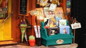 Robotime Rolife Old Times Bookstore DIY Wooden Miniature Dollhouse In Frame (DP004) 3D Puzzles Wooden Crafts
