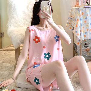 ผ้าฝ้ายผ้าไหมผู้หญิงชุดนอนฤดูร้อนชุดสองชิ้นแขนกุดพิมพ์กระโปรงสั้นและเสื้อกล้ามสําหรับหญิงสาวสบายๆเสื้อผ้า