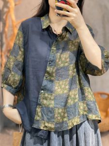 Irregular Short Sleeve Printed Collarless Shirt for Women Summer New Style Loose Fit Tencel Linen Blend Underwear
