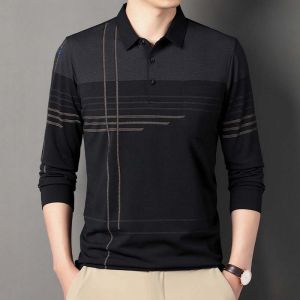 ROMON | Lormen Mens Long Sleeve Polo Shirt Spring Autumn Patterned T-Shirt Casual Top For Middle-Aged And Elderly Business Casual