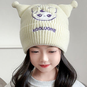 Thickened Knitted Woolen Cap for Girls Children Ear Protection Warm Cute Design Autumn Winter Hat Cotton Blend Fabric round Top