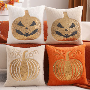 1 PC Halloween Decoration Throw Pillow Cover Pumpkin Gold Sequin Embroidery Plush Autumn Thanksgiving Harvest Home Living Room