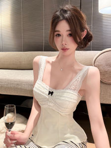 GUZILIAN | Sweet and Spicy Square Neck Bow Lace Sleeveless Backless Slim Color Block Unique Top