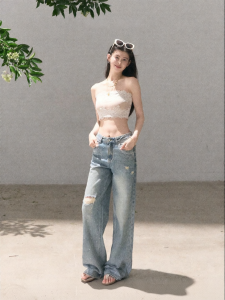 OAKMOO | Quần Jeans Bông Vintage Chói Sáng Đục Lỗ