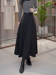 Black High Waist Pleated Straight Cut Suit Skirt for Women Loose Slimming Mid-Length Umbrella Skirt Commute Korean Style
