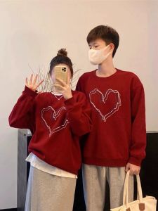 เสื้อแจ็คเก็ตฮู้ดลายหัวใจสีแดงสำหรับคู่รักไซส์ใหญ่ 300 ปอนด์ เสื้อสเวตเตอร์ฤดูหนาวสไตล์เกาหลีสำหรับผู้หญิงและผู้ชาย