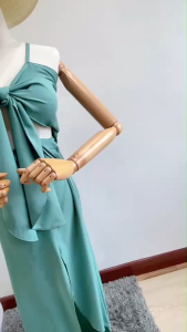 เดรส ยาวสายเดรสยาว ผูกโบว์อก กระโปรงผ่าหน้า TT18544