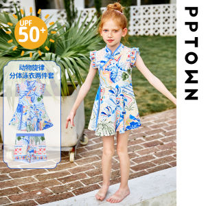 Girls Swimming Suit Childrens New Chinese Style Sun Protection Swimwear Set Sweet Swimsuit Nylon Fabric Summer 2024 New Arrival