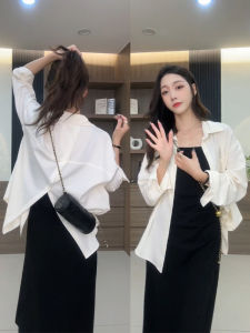 เสื้อเชิ้ตแขนยาวหลวมๆ ลำลองสำหรับผู้หญิง ฤดูใบไม้ผลิและฤดูใบไม้ร่วง ดีไซน์ใหม่ ดีไซน์เก๋ไก๋ แจ็คเก็ตคาร์ดิแกนเปิดไหล่