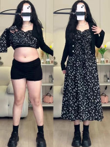 Black Shivering Sling Dress Female Plus Size Ladies Plus Size Western Style Youthful-Looking Fashion Suit Slimming Two-Piece Suit Fancy