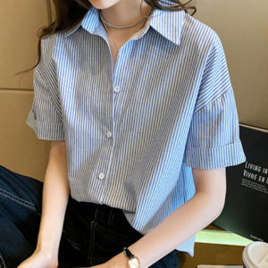Blue Striped Loose Fit Short Sleeve Womens Shirt Korean Style Commute Button Detail Regular Thickness Summer Trendy Top