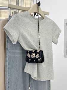 Versatile Pure Cotton Womens T-shirt Summer New Style Shoulder Length Short Sleeve Slim Fit Casual Top Korean Style round Neck