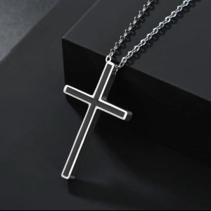 (KL94) KALUNG TITANIUM LIONTIN SALIB KOTAK PADAT BLACK INLAY SILVER CROSS NECKLACES-CJR TITANIUM