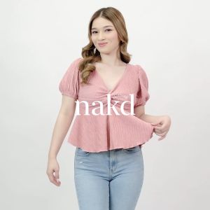 NAKD FASHION ADALYN DAILY BASIC V NECK BARK CREPE PULL SLEEVES CASUAL OFFICE PEPLUM BLOUSE TOP 1857