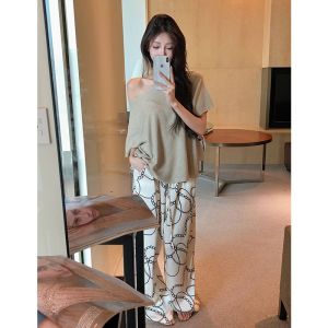 Champagne Print Wide Leg Pants Womens Summer New Korean Style Loose Drapey Versatile Casual Trousers High Waist Elastic Polyester Fiber