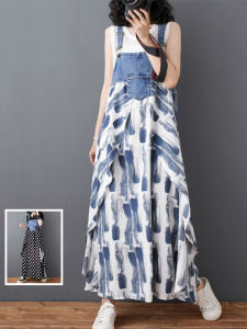 Summer Stylish Chiffon Print Patchwork Denim Suspender Skirt Loose Fashion Asymmetrical Elegant Long Dress