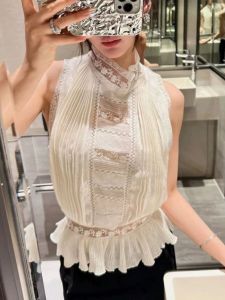 Erosi Stylish Stitching Lace Pleated Ruffle Hem Cinched Sleeveless Tops Western Style Slimming Small Vest Summer