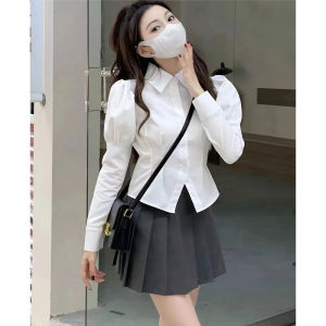 Preppy Style Blue Tight Waist Shirt Womens Spring & Fall Bubble Long Sleeve Shirt Small Short Tops JK Uniform Suit