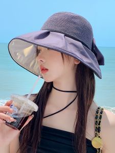 Spring and Summer New Arrival Japanese Bow Color Plastic Sun Hat Womens Breathable Big Brim UV Protection Bucket Hat