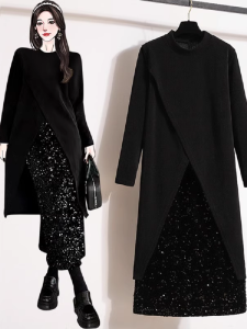 Brand Discount Womens Clothing Spring Irregular Slit Tops Sequin Skirt Chubby Girl Flab Hiding Slimming Two-Piece Set