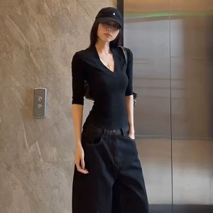 QIAOCHENXIAN | Cotton V-Neck Mid-Sleeve T-Shirt