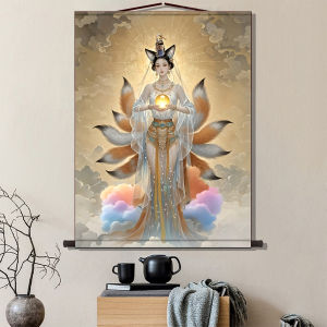 Modern Minimalist Nine-Tailed Fox Lady Portrait Scroll Hanging Painting Fairy Northeast Hall Offering Female Fox True Form Background Decoration
