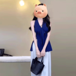 Elegant Blue V-Neck Butterfly Knot Halter Top Womens Summer Outerwear Chic Open Slit Sleeveless Vest Fashionable Commute Style