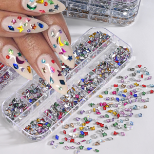12Grids 3D Colorful Mini Resin Nail Art Rhinestones Mixed Star/Butterfly/Love Diamonds Nail Charms DIY Manicure Decorations Gems