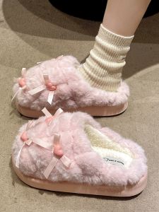 Fleece Lined Cotton Slippers Womens Indoor Home Wear Cartoon Cute Fur Slippers Winter New Style Sweet Style Butterfly Knot