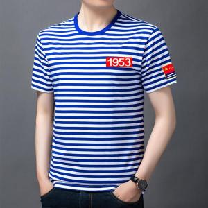 New Summer Mens T-Shirt Parent-Child Matching Short Sleeve round Neck Slim Fit Striped Sea Soul Shirt Activity Shirt Cotton Wool Fabric